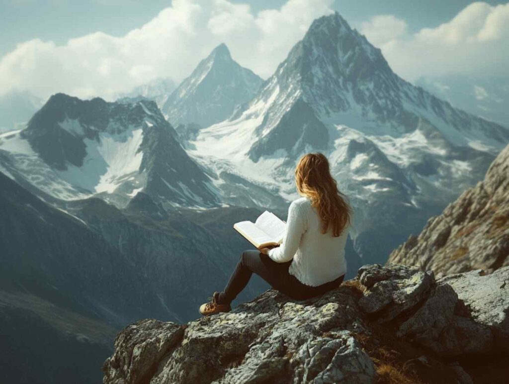 A woman with blonde hair reads a book while sitting on a rock