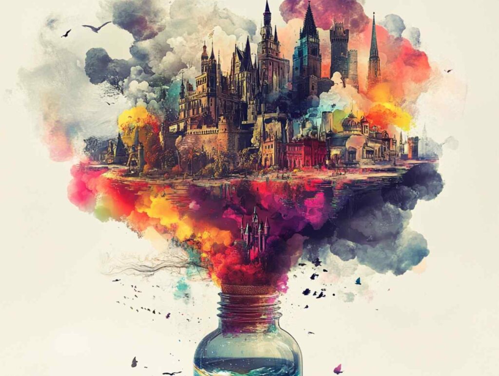 digital artwork depicting a glass jar with vibrant, colorful smoke emerging from it