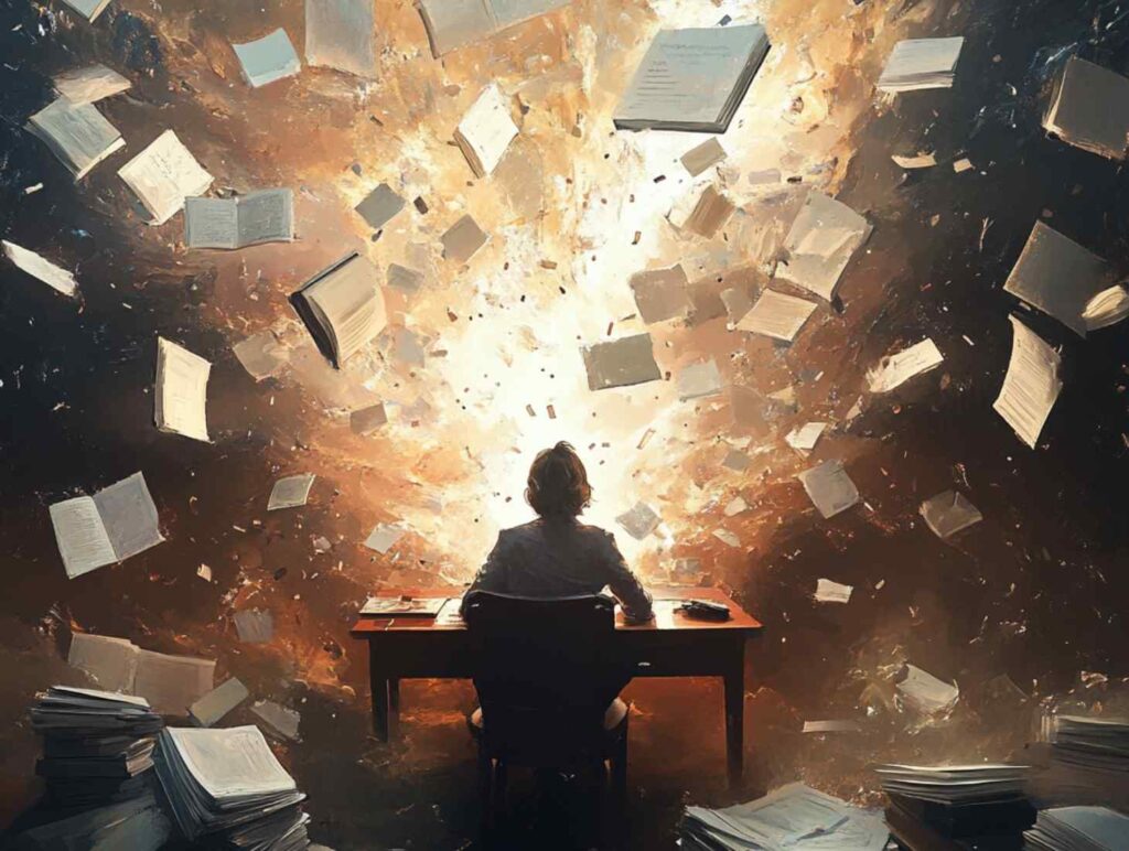  a man sitting at a desk, surrounded by an explosion of books and papers flying chaotically through the air.