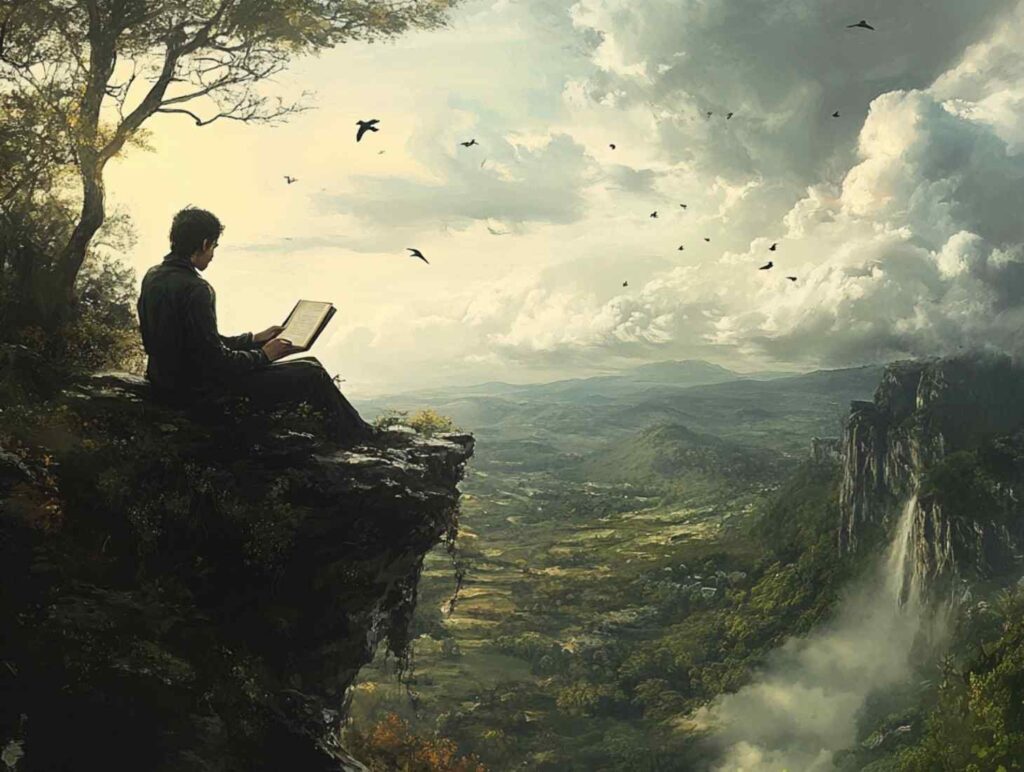 A man reads a book at the edge of a cliff.