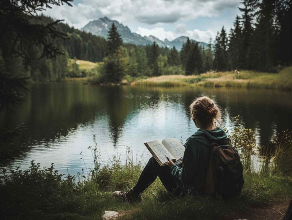 a woman read a book sitting by a peaceful lake, surrounded by lush greenery and towering trees