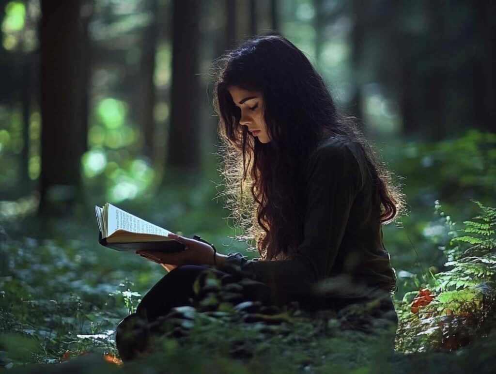 girl sitting with a book in a forest