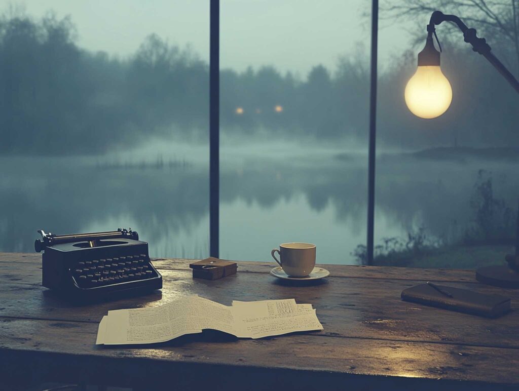 A high-resolution scene of an author's workspace in a cozy lakeside cabin. The setting features a reclaimed wood desk adorned with scattered papers, a vintage typewriter, and a softly glowing desk lamp, with a panoramic view of a misty lake through large windows. --chaos 45 --ar 4:3 --v 6.1 Job ID: a8d6b066-2b7d-40bc-9e50-5a28a4ccc4e9