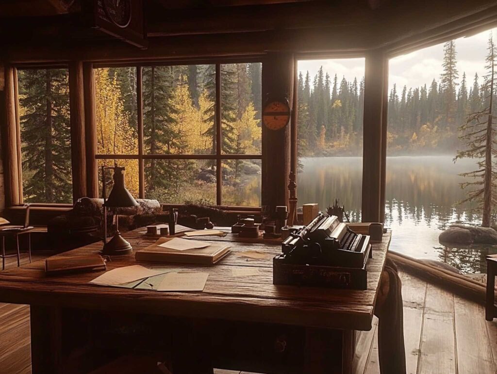 A high-resolution scene of an author's workspace in a cozy lakeside cabin. The setting features a reclaimed wood desk adorned with scattered papers, a vintage typewriter, and a softly glowing desk lamp, with a panoramic view of a misty lake through large windows. --chaos 45 --ar 4:3 --v 6.1 Job ID: a8d6b066-2b7d-40bc-9e50-5a28a4ccc4e9