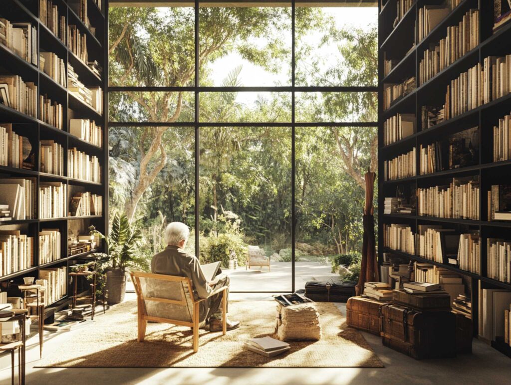A meticulous academic author in a well-organized study with neatly stacked books, annotated manuscripts, and a serene window view of a tranquil courtyard, bathed in natural daylight --chaos 45 --ar 4:3 --v 6.1 Job ID: f301b6ee-cefa-4518-8042-765b98a5e23a