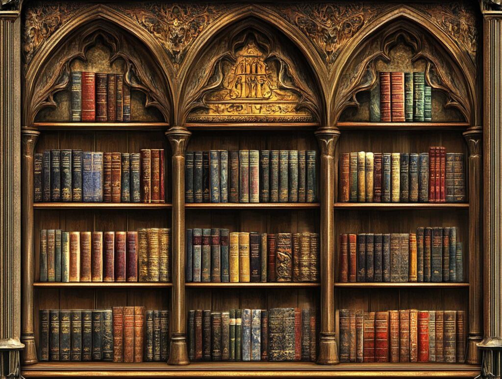 A meticulously arranged wooden bookshelf filled with classic literature and antique books, accented by subtle golden lighting, exuding warmth and timeless charm --chaos 45 --ar 4:3 --v 6.1 Job ID: 3a85eefe-f4bd-4bf8-a441-e82286ed9fbe