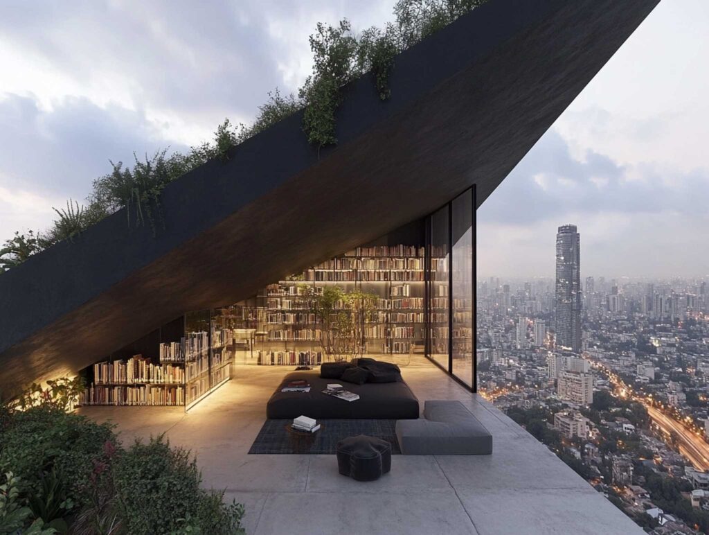A modern urban library featuring sleek, contemporary design juxtaposed with rows of ancient books, soft ambient lighting creating a tranquil haven amidst the city buzz --chaos 45 --ar 4:3 --v 6.1 Job ID: 64e15013-7872-4d6b-9341-0ea47fe9e9f1
