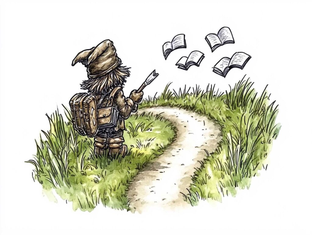 A cartoonish, hand-drawn illustration of an author on a creative journey, shown as a winding path lined with open books and floating quills. The author carries a giant pen like a magic wand, rendered in a lighthearted, comic style with playful details. --chaos 45 --ar 4:3 --v 6.1 Job ID: f9697fcb-0960-4177-9579-fc0ad25b9310