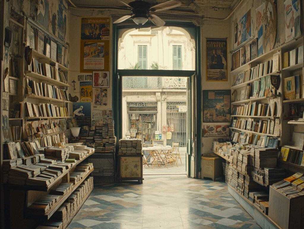 A quaint book shop with narrow aisles, vintage posters, and intimate reading nooks, bathed in soft ambient light and filled with the comforting aroma of old books and fresh coffee --chaos 45 --ar 4:3 --v 6.1 Job ID: c682ca73-86d6-43d1-9b3b-408f902e86bc