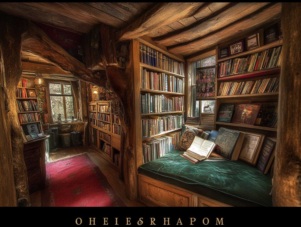 A quaint book shop with narrow aisles, vintage posters, and intimate reading nooks, bathed in soft ambient light and filled with the comforting aroma of old books and fresh coffee --chaos 45 --ar 4:3 --v 6.1 Job ID: c682ca73-86d6-43d1-9b3b-408f902e86bc