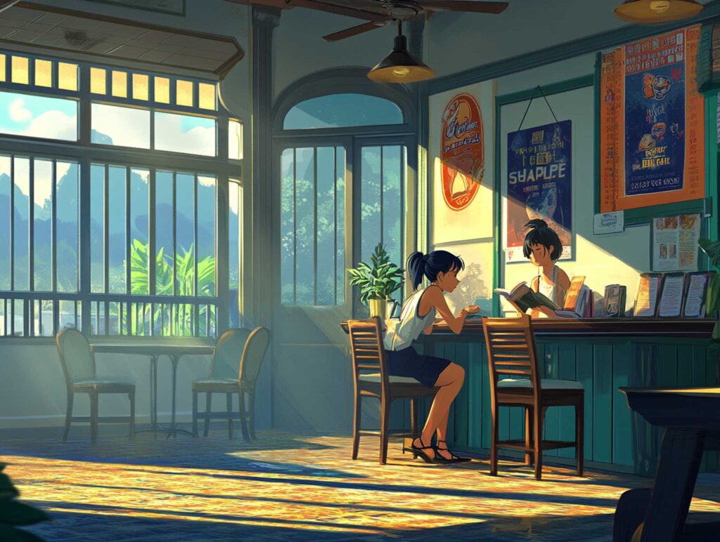 A quaint book shop with narrow aisles, vintage posters, and intimate reading nooks, bathed in soft ambient light and filled with the comforting aroma of old books and fresh coffee --chaos 