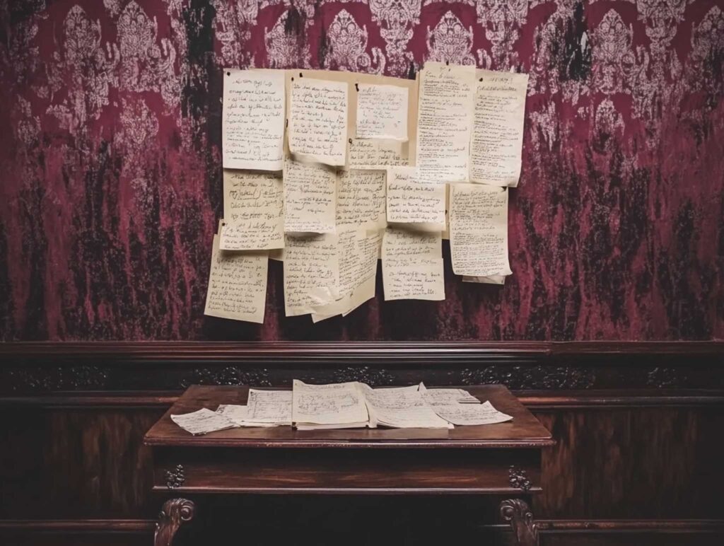 A realistic image of a creative workspace with a vintage desk covered in notes and sketches. Among the scattered pages are highlighted sections like 'How to Write a Captivating First Chapter,' 'Developing Your Writing Style,' and 'Creating Complex Villains.' A wall-mounted planning board features additional ideas such as 'The Best Ways to Develop a Plot' and 'How to Edit Your First Draft,' all bathed in soft morning light. --chaos 45 --ar 4:3 --v 6.1 Job ID: bd3eb1cd-3c8a-48cf-bb3e-57da0daf511d