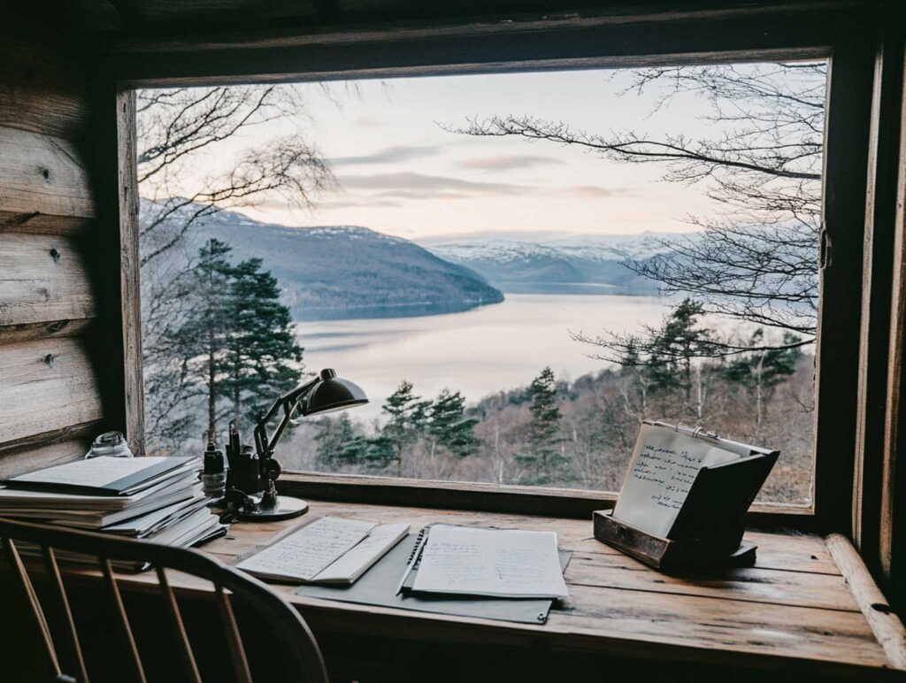 A realistic image of an author's desk in a cozy lakeside cabin at dusk, featuring piles of handwritten notes, a gently lit desk lamp, and a view of the lake reflecting the warm glow of the setting sun, evoking a peaceful creative retreat. --chaos 45 --ar 4:3 --v 6.1 Job ID: d03bdf82-699f-452f-867e-1a8262c0ca72