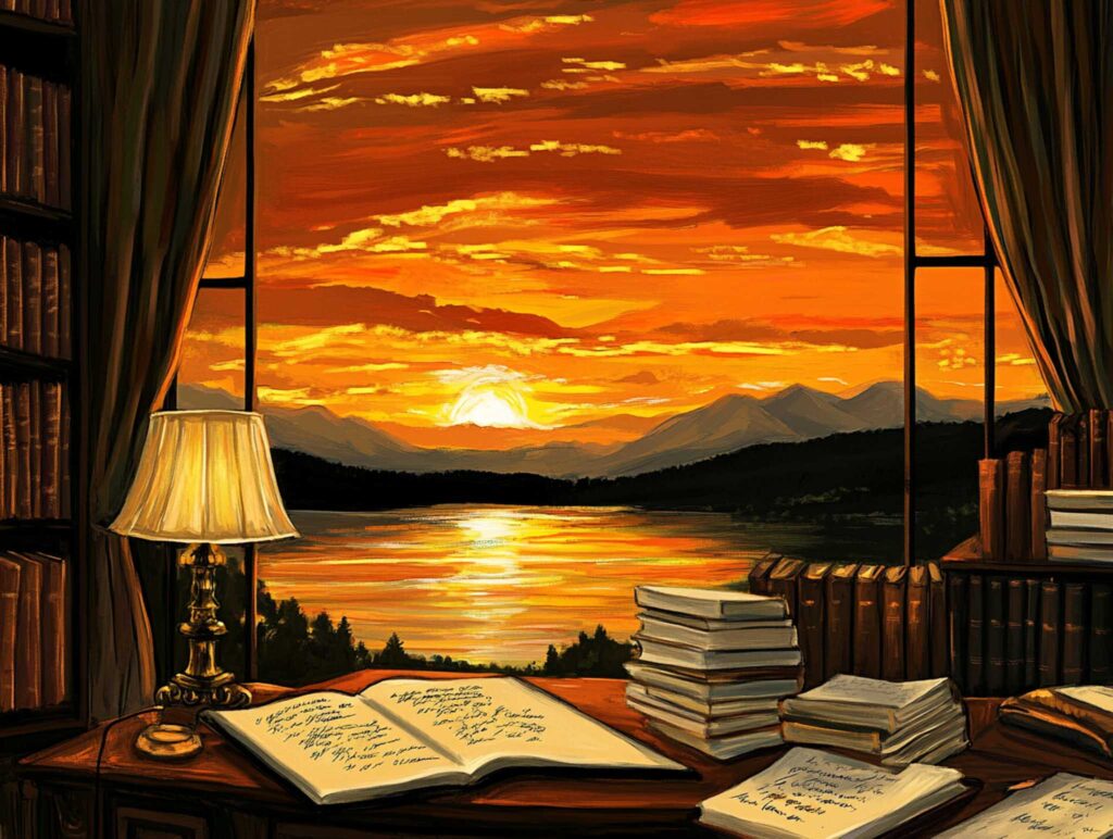 A realistic image of an author's desk in a cozy lakeside cabin at dusk, featuring piles of handwritten notes, a gently lit desk lamp, and a view of the lake reflecting the warm glow of the setting sun, evoking a peaceful creative retreat