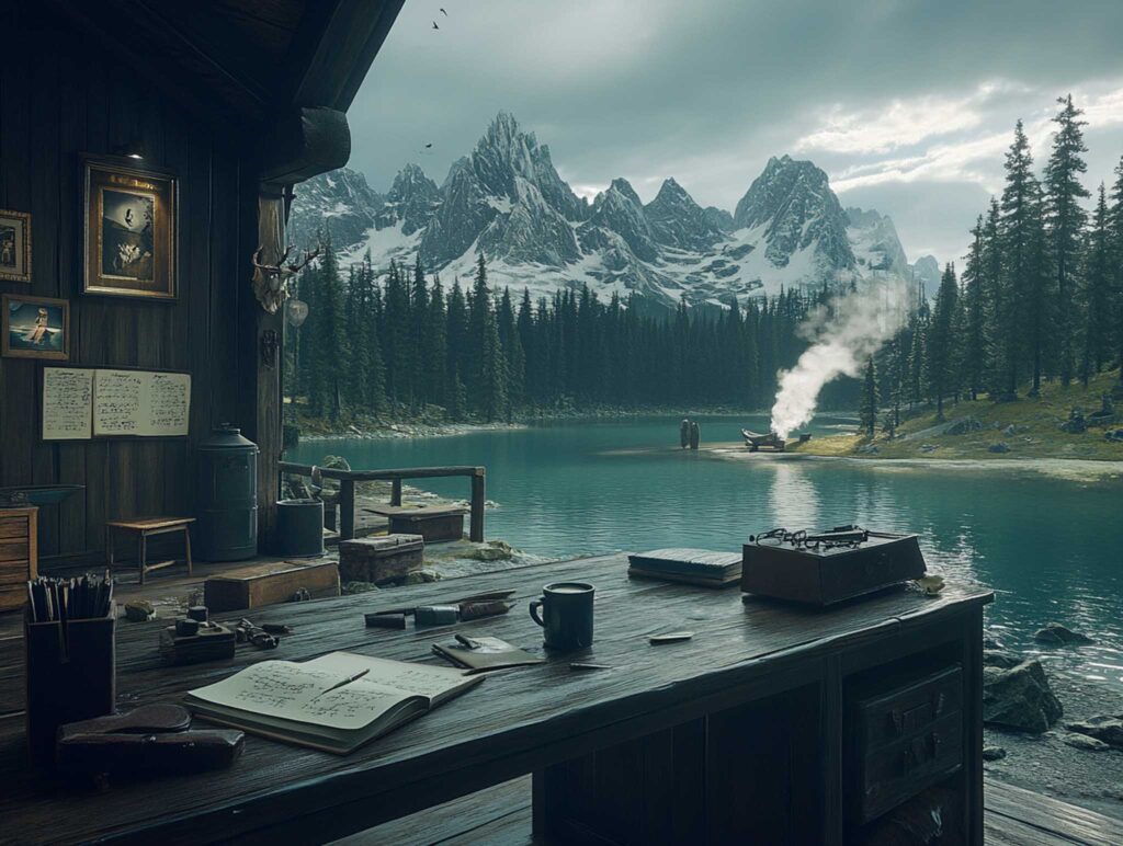 A realistic image of an author's desk inside a rustic cabin by a tranquil lake. The wooden desk is scattered with handwritten drafts, an open notebook, and a steaming mug of coffee, all bathed in soft natural light from a nearby window, evoking warmth and inspiration