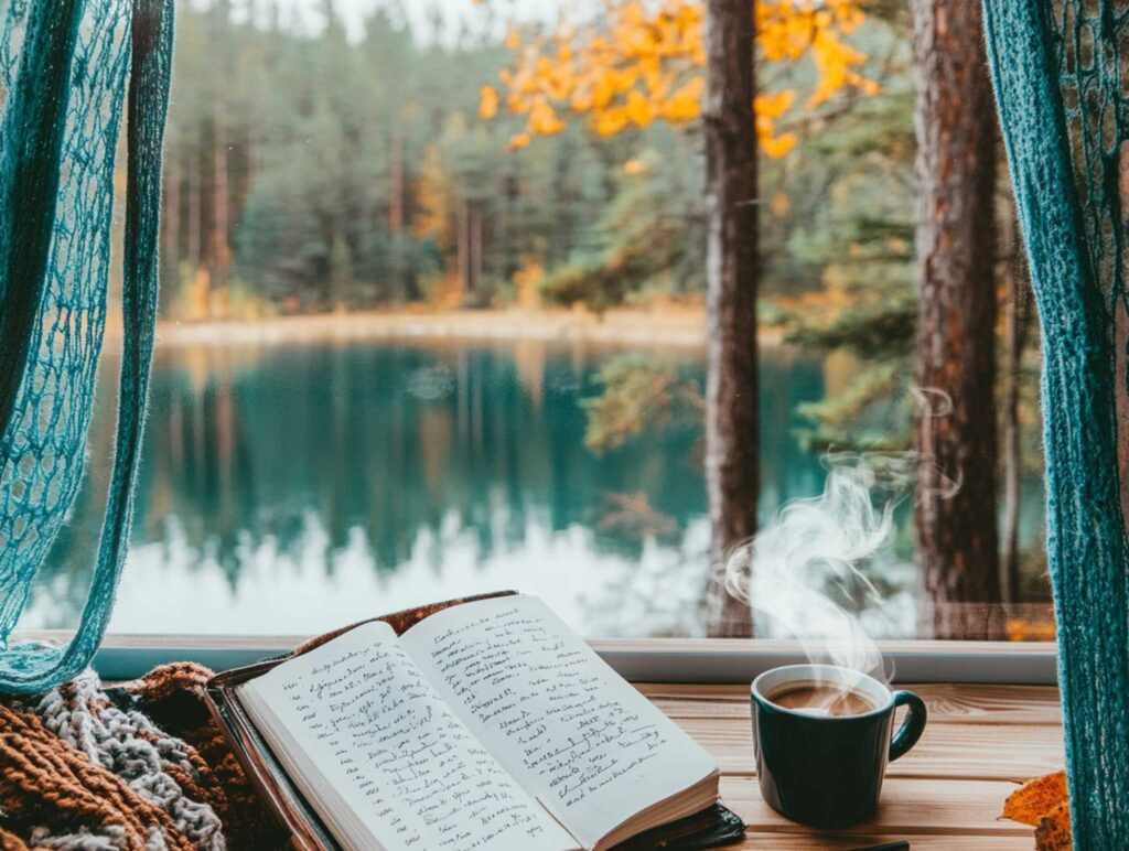 A realistic image of an author's desk inside a rustic cabin by a tranquil lake. The wooden desk is scattered with handwritten drafts, an open notebook, and a steaming mug of coffee, all bathed in soft natural light from a nearby window