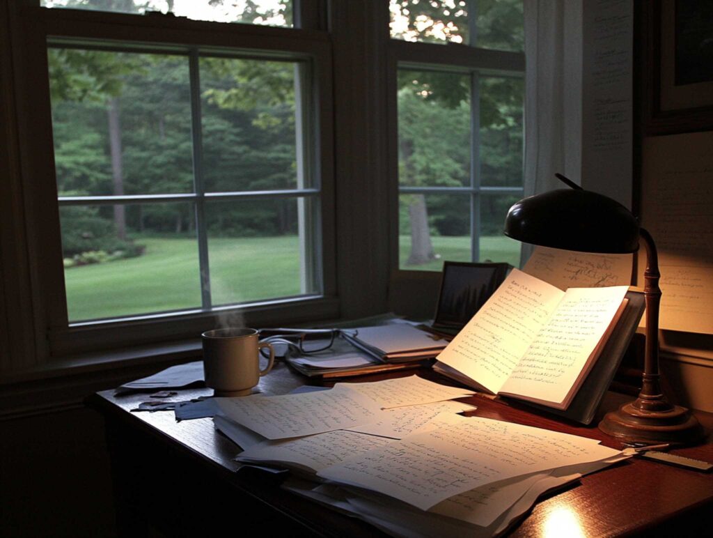 A realistic image of an author's desk inside a rustic cabin by a tranquil lake. The wooden desk is scattered with handwritten drafts, an open notebook, and a steaming mug of coffee, all bathed in soft natural light from a nearby window, evoking warmth and inspiration. --chaos 45 --ar 4:3 --v 6.1 Job ID: 13f4cc9d-0186-4b7c-9efe-6b343e9dbd86