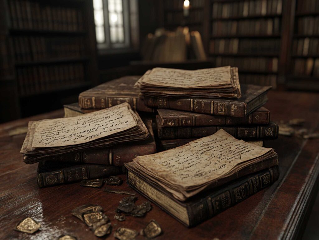 A realistic image of an author's desk tucked away in a quiet library corner, with printed manuscripts, handwritten drafts, and worn books arranged on a sturdy desk, illuminated by soft ambient library lighting with gentle shadows --chaos 45 --ar 4:3 --v 6.1 Job ID: 3b21ea76-3f85-45d4-b983-3831d51fd236