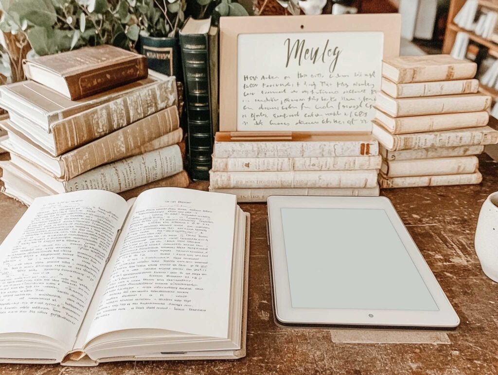 A realistic, modern home office featuring a sleek desk with neatly arranged printed pages and a digital tablet. A minimalist planning board displays motivational writing quotes alongside topics like 'How to Write a Book in 30 Days,' 'How to Self-Publish Your Book,' and 'Balancing Description and Dialogue.' Diffused natural light enhances the clean, focused atmosphere. --chaos 45 --ar 4:3 --v 6.1 Job ID: 575f1286-b2da-4622-84e5-1dbfa1b80e07