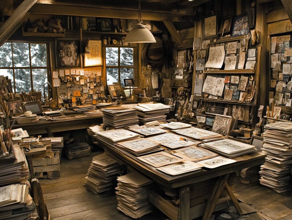A realistic, moody image of a creative studio with a planning board cluttered with sticky notes, sketches, and brainstorming ideas, and stacks of paper scattered across a rustic desk, highlighted by the warm glow of a desk lamp in a dim setting --chaos 45 --ar 4:3 --v 6.1 Job ID: 9056e593-5aa8-484f-b0e2-b9f7848640fc