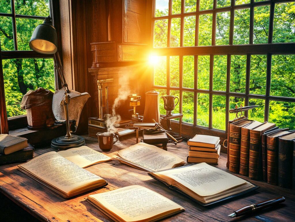 A realistic photo of an author's desk at sunset, with warm beams of light streaming through a window onto scattered handwritten pages, a vintage fountain pen, and a steaming cup of coffee on a rustic wooden desk --chaos 45 --ar 4:3 --v 6.1 Job ID: 772a6358-ef24-49c4-aacb-7b721292ade2