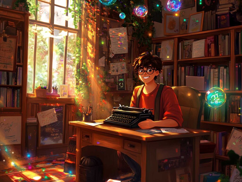 A cartoonish illustration of a quirky author in a vibrant home office, sitting at a cluttered desk with a vintage typewriter and scattered notebooks. The character sports an exaggerated, thoughtful expression while doodles and idea bubbles float playfully around the room