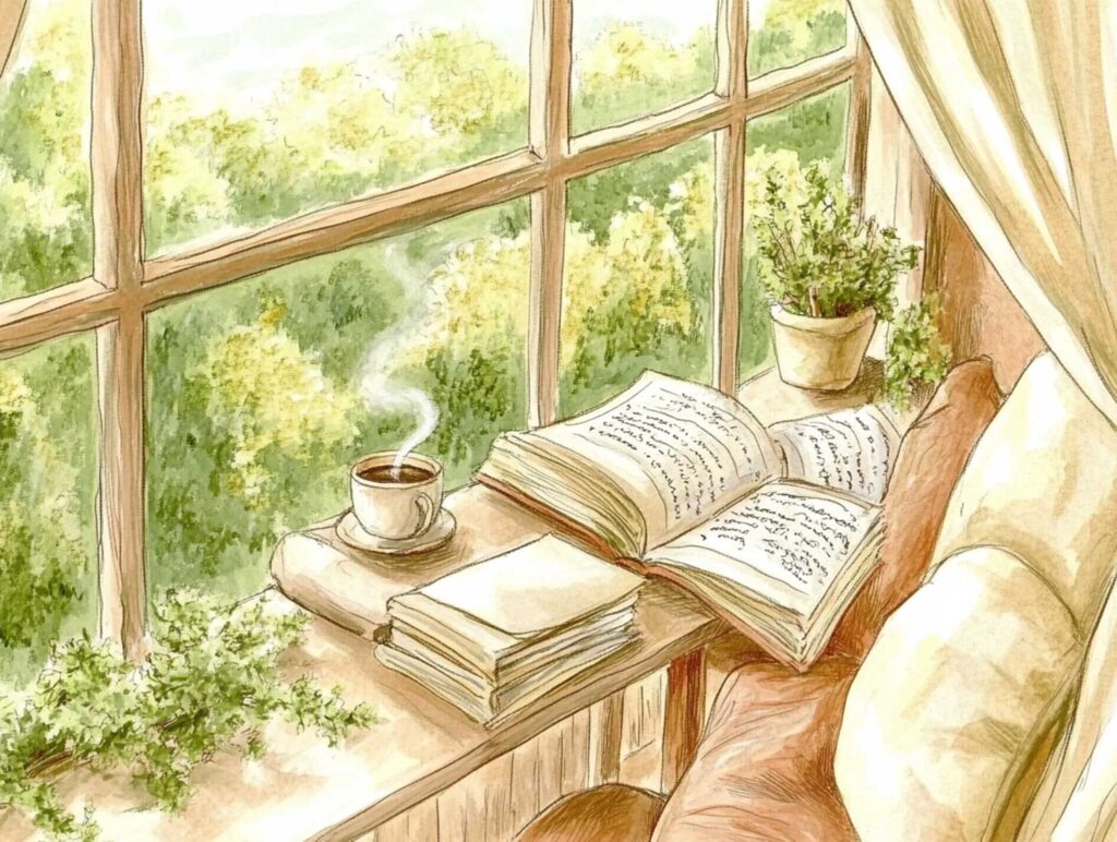 A charming cartoon depiction of a writer’s cozy nook featuring a comfy chair, a small desk piled with books and papers, and a steaming cup of coffee. The scene is drawn with exaggerated features and vibrant colors, evoking warmth and creative inspiration. --chaos 45 --ar 4:3 --v 6.1 Job ID: 7a926454-46f7-4f2d-8cc6-b71bc1caadb7