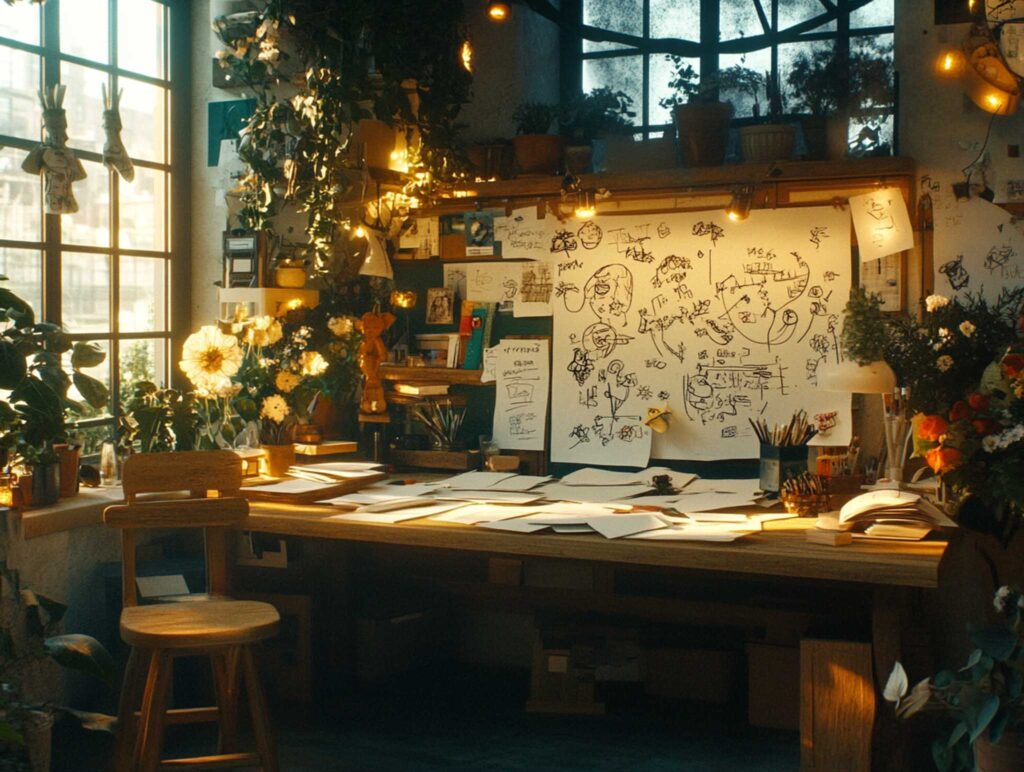 A realistic scene of a creative workspace with piles of printed drafts and scattered pages on a wooden desk, alongside a planning board pinned with scribbled ideas and flowcharts, captured in warm ambient light with detailed textures --chaos 45 --ar 4:3 --v 6.1 Job ID: 794318b0-4d6b-4a4d-a909-802b0ef5c3c1