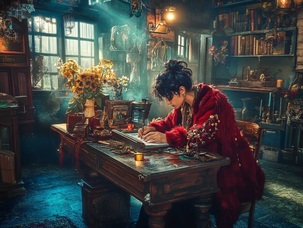 A realistic scene of an author writing in a cozy library, surrounded by tall bookshelves and an antique wooden desk, warm natural light, candid photo style