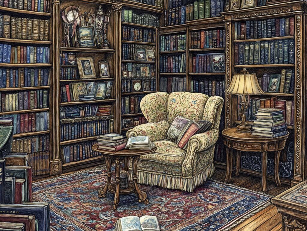 A charming, cartoonish reading nook tucked into a library corner, featuring a cozy armchair, a small table with a stack of illustrated books, and a warm reading lamp. Soft pastel colors and whimsical details create an inviting atmosphere. --chaos 45 --ar 4:3 --v 6.1 Job ID: 778b9027-ffea-42ce-b80c-ef94f6cbb8ba