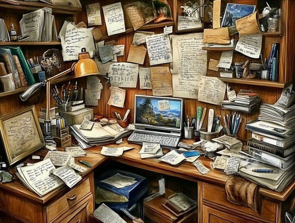 A charming, illustrated scene of an author's desk showing a mix of organized mess and creative clutter, with stacks of paper, sticky notes, and handwritten drafts arranged around a warm desk lamp and a coffee cup, rendered in a whimsical cartoon style --chaos 45 --ar 4:3 --v 6.1 Job ID: 9c4f17f3-7fdc-41b9-89ac-a841b4f7012b