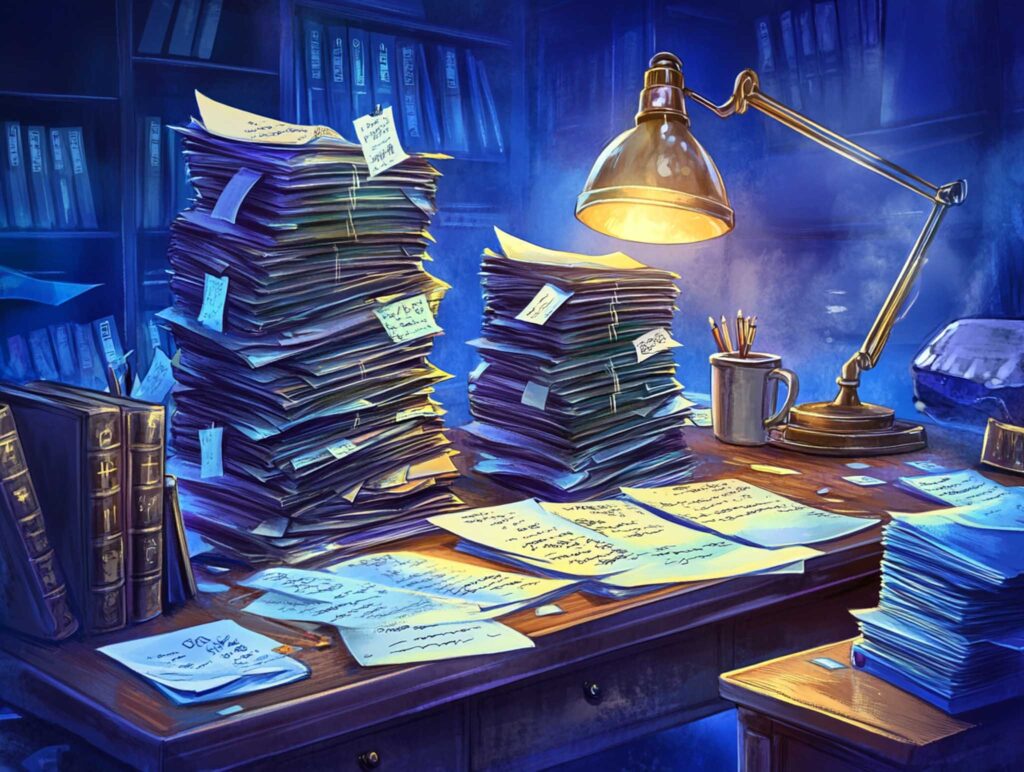 A charming, illustrated scene of an author's desk showing a mix of organized mess and creative clutter, with stacks of paper, sticky notes, and handwritten drafts arranged around a warm desk lamp and a coffee cup, rendered in a whimsical cartoon style --chaos 45 --ar 4:3 --v 6.1 Job ID: 9c4f17f3-7fdc-41b9-89ac-a841b4f7012b