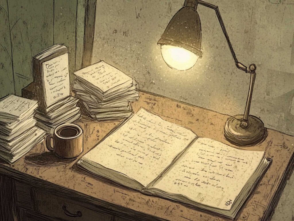 A charming, illustrated scene of an author's desk showing a mix of organized mess and creative clutter, with stacks of paper, sticky notes, and handwritten drafts arranged around a warm desk lamp and a coffee cup, rendered in a whimsical cartoon style --chaos 45 --ar 4:3 --v 6.1 Job ID: 9c4f17f3-7fdc-41b9-89ac-a841b4f7012b
