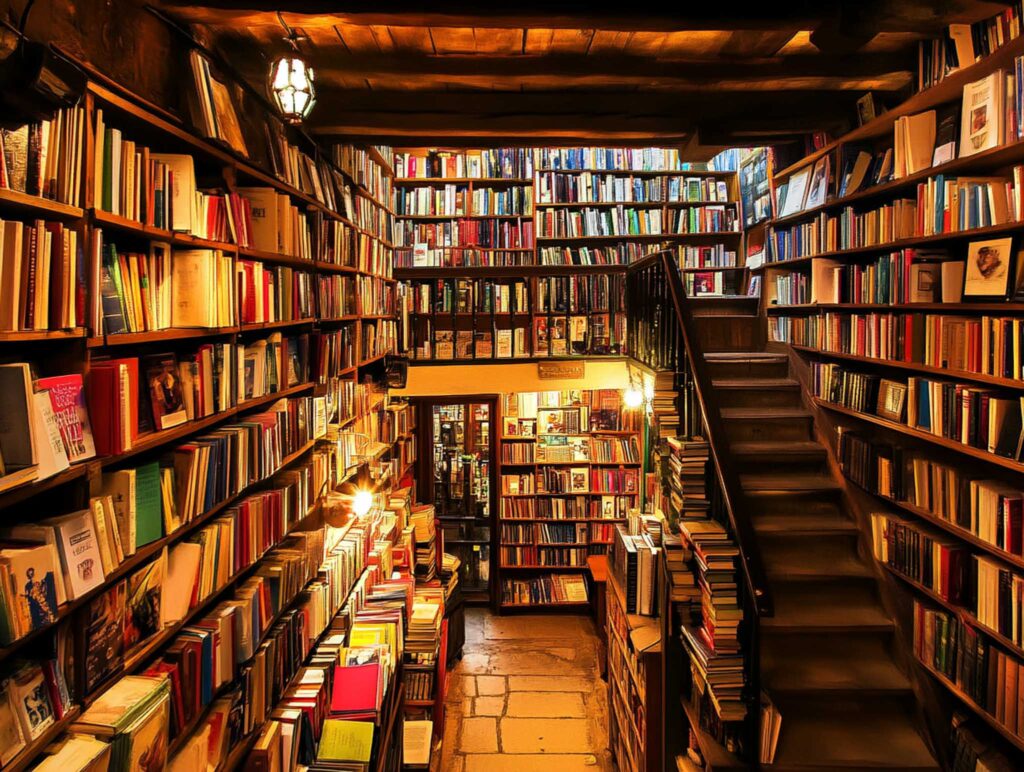 A charming vintage book shop with worn wooden shelves filled with classic tomes, delicate trinkets scattered about, and cozy seating areas illuminated by inviting lamplight --chaos 45 --ar 4:3 --v 6.1 Job ID: d6da7129-7cea-403c-8d2c-64e6dd6fc406