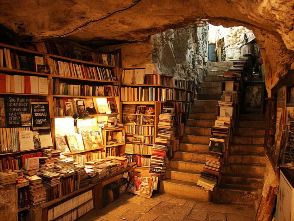 A charming vintage book shop with worn wooden shelves filled with classic tomes, delicate trinkets scattered about, and cozy seating areas illuminated by inviting lamplight --chaos 45 --ar 4:3 --v 6.1 Job ID: d6da7129-7cea-403c-8d2c-64e6dd6fc406