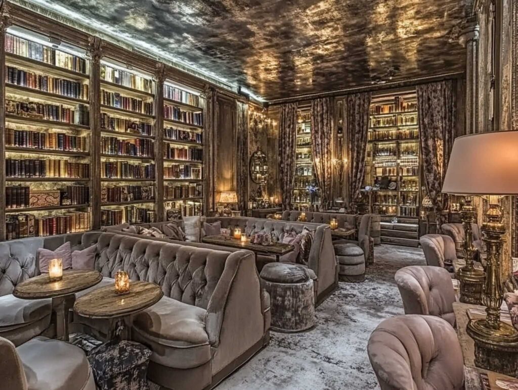 A charming vintage book shop with worn wooden shelves filled with classic tomes, delicate trinkets scattered about, and cozy seating areas illuminated by inviting lamplight --chaos 45 --ar 4:3 --v 6.1 Job ID: d6da7129-7cea-403c-8d2c-64e6dd6fc406