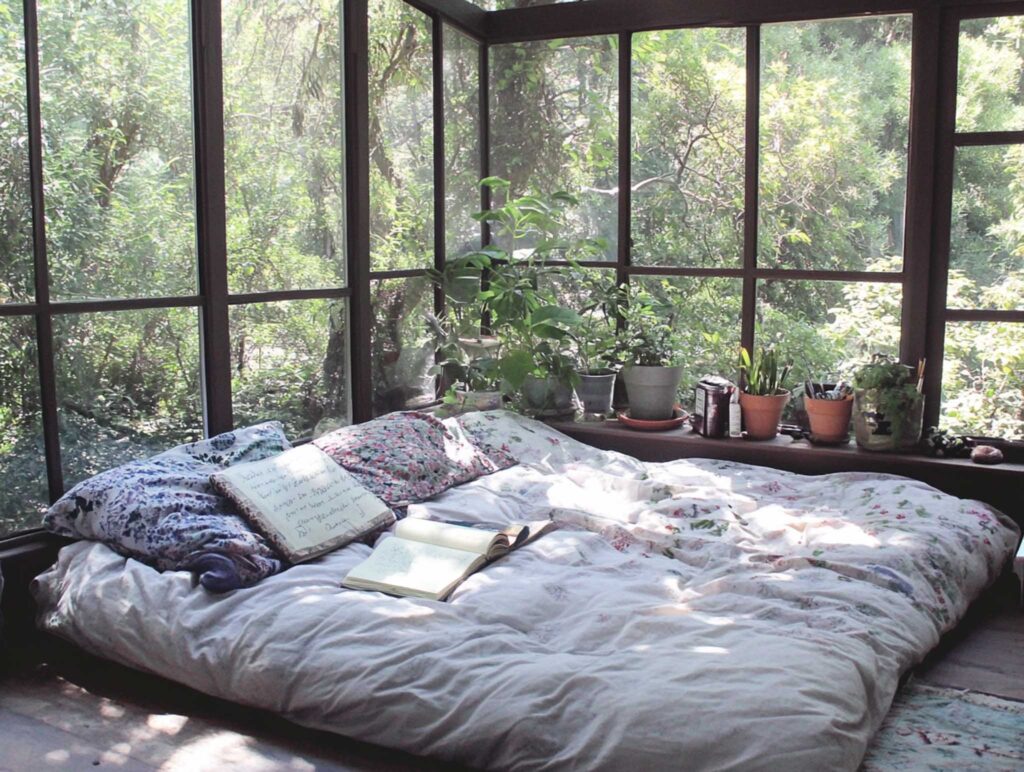 A charming writer's nook featuring large windows with diffused morning light, an author scribbling ideas in a well-worn notebook, surrounded by potted plants and soft textiles, exuding warmth and creativity --chaos 50 --ar 4:3 --v 6.1 Job ID: f788607f-48f8-4066-b0ba-6e973d3712d0