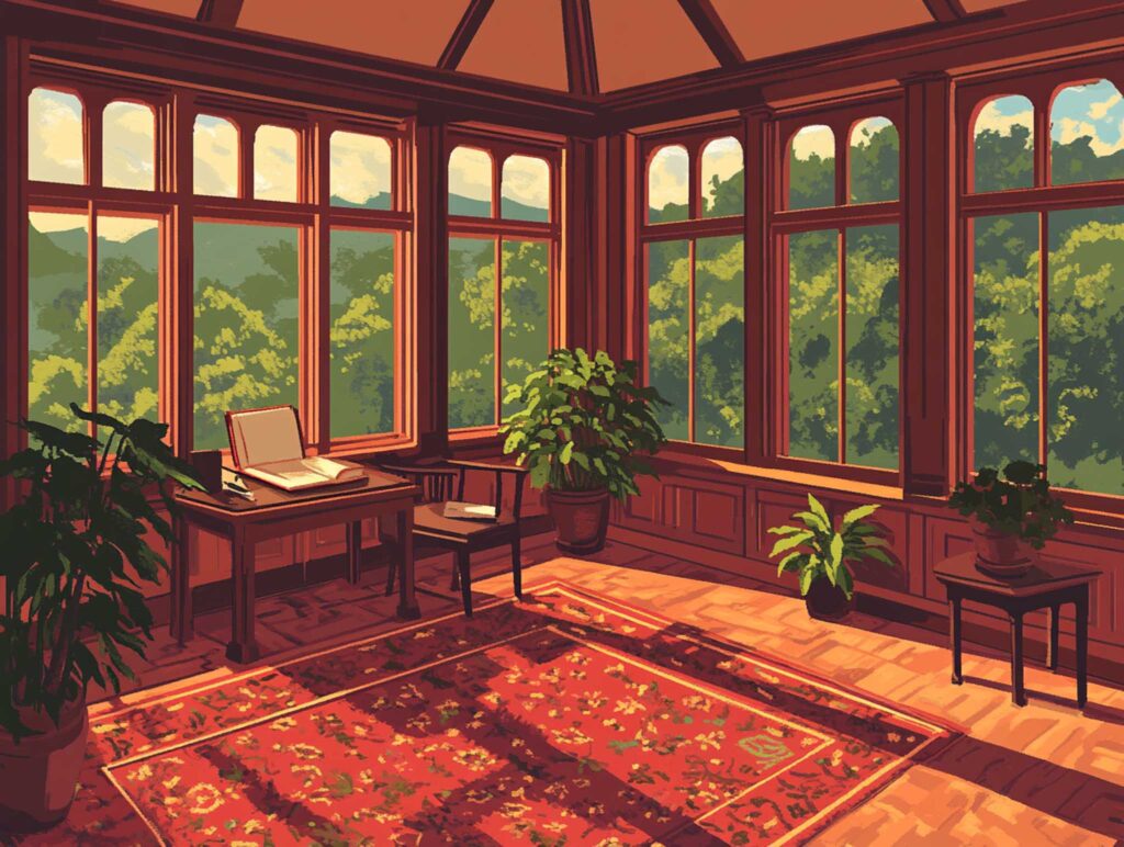 A charming writer's nook featuring large windows with diffused morning light, an author scribbling ideas in a well-worn notebook, surrounded by potted plants and soft textiles, exuding warmth and creativity --chaos 50 --ar 4:3 --v 6.1 Job ID: f788607f-48f8-4066-b0ba-6e973d3712d0
