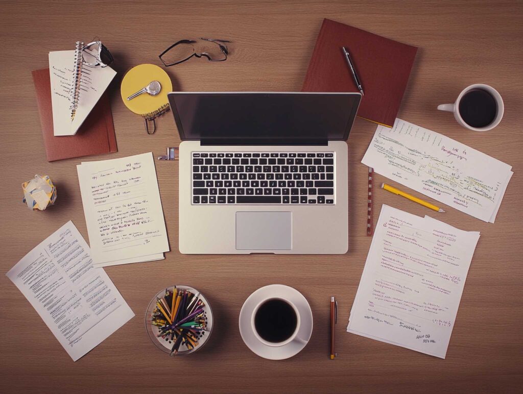 A clean, realistic photograph of a modern author's desk featuring a laptop, neatly arranged printed drafts alongside a few scattered handwritten pages, all illuminated by diffused natural light for a balanced, professional look --chaos 45 --ar 4:3 --v 6.1 Job ID: ed00f6c2-cbac-4964-9722-a44fba255512