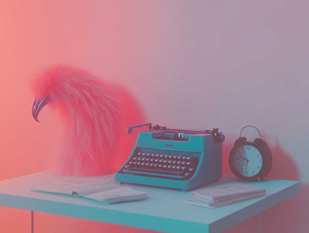 A bizarre writer’s nook featuring a vintage typewriter that transforms into a whimsical creature, abstract clocks melting into books, and neon hints of color blending fantasy with reality, ultra-realistic --chaos 45 --ar 4:3 --v 6.1 Job ID: 93d4c132-2a26-43a3-8c28-c6f45420ee0b