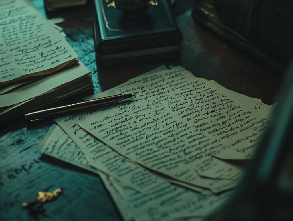A close-up, realistic still-life photograph of an author's workspace: a stack of handwritten drafts and scattered notes on a textured wooden desk, with a single pen and delicate paper textures captured in high detail --chaos 45 --ar 4:3 --v 6.1 Job ID: 8a6c176a-56e1-427a-81c2-68e36e633cc0