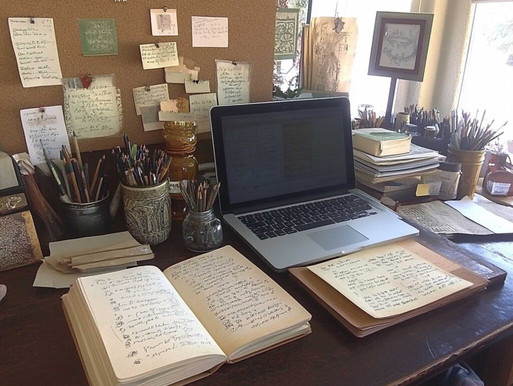 A creative writer's desk featuring a laptop, an open sketchbook filled with rough drafts, scattered notes, and inspirational quotes pinned on a corkboard, bright natural light, photo-realistic, high detail --chaos 50 --ar 4:3 --v 6.1 Job ID: abd782be-08ae-43cb-a4be-9a6d02ab160e