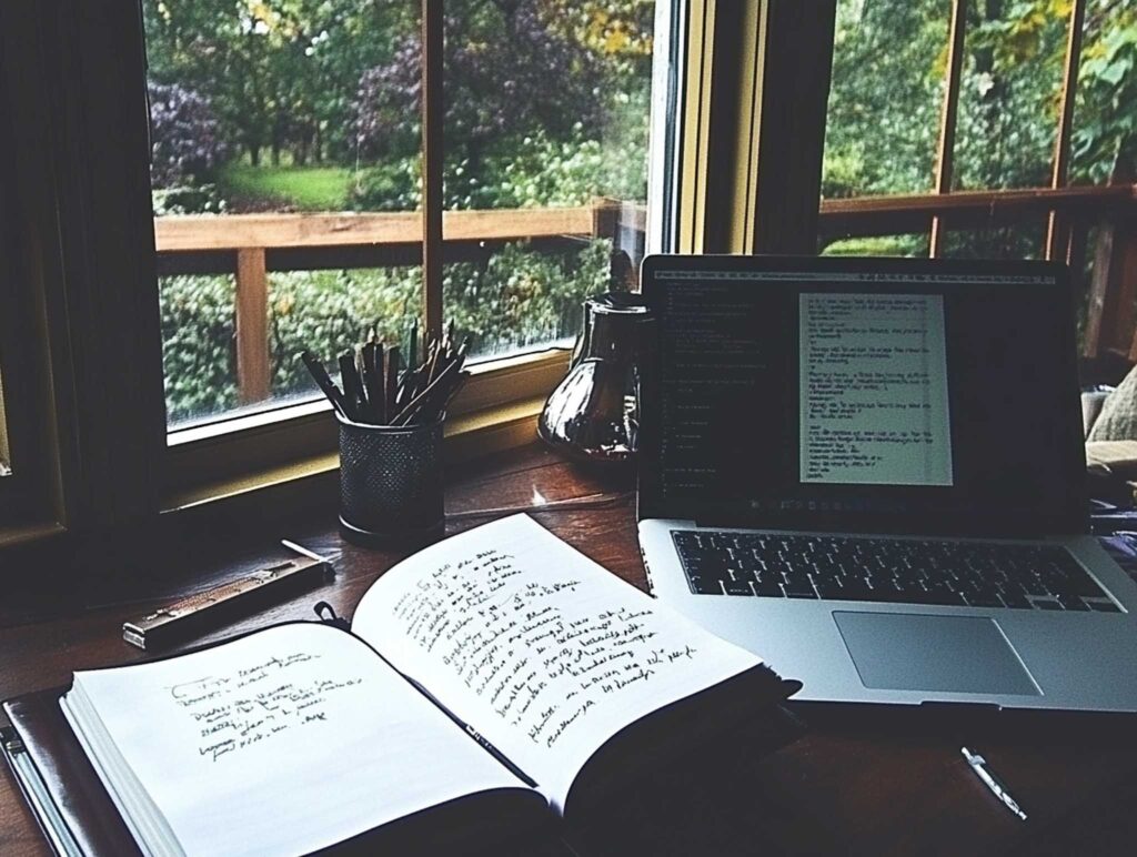 A creative writer's desk featuring a laptop, an open sketchbook filled with rough drafts, scattered notes, and inspirational quotes pinned on a corkboard, bright natural light, photo-realistic, high detail --chaos 50 --ar 4:3 --v 6.1 Job ID: abd782be-08ae-43cb-a4be-9a6d02ab160e