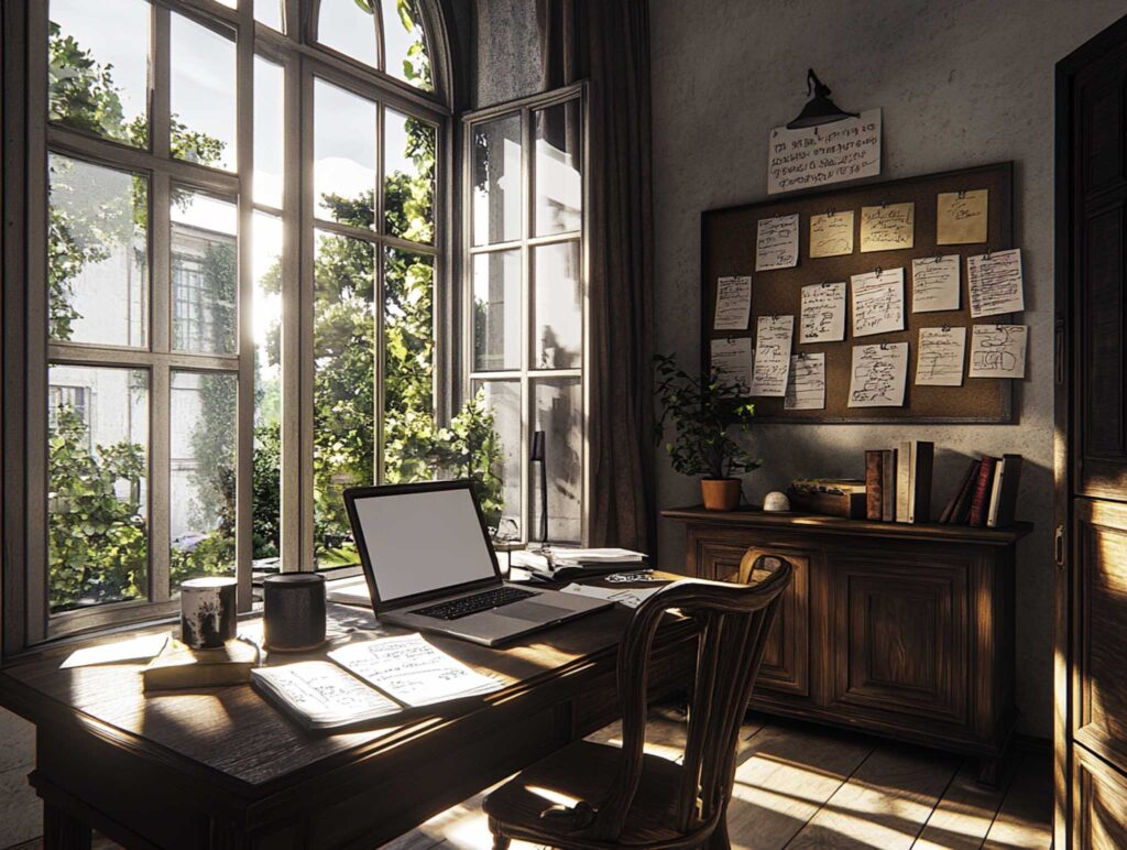 A creative writer's desk featuring a laptop, an open sketchbook filled with rough drafts, scattered notes, and inspirational quotes pinned on a corkboard, bright natural light, photo-realistic, high detail --chaos