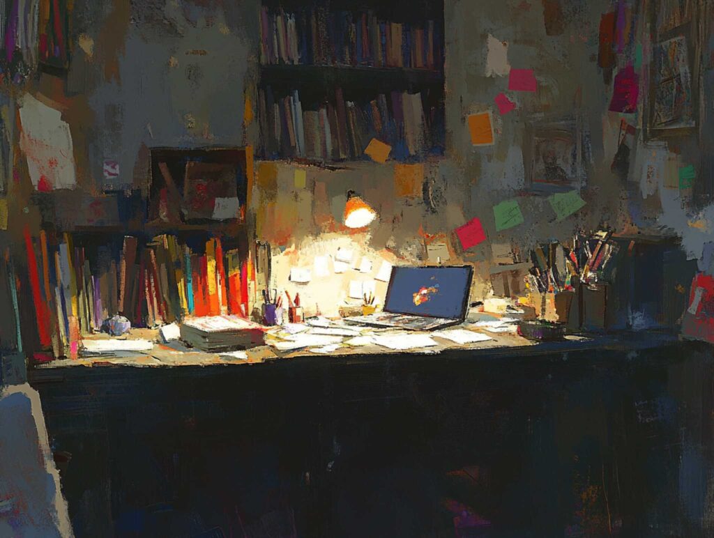 A detailed cartoonish illustration of a late-night author's desk, where scattered papers, notes, and drafts are illuminated by a soft, warm desk lamp. The scene captures the essence of creative inspiration with a laptop, scribbled ideas on sticky notes, and a cozy atmosphere --chaos 45 --ar 4:3 --v 6.1 Job ID: 6de891b5-df49-4937-bdbd-3774f73281aa