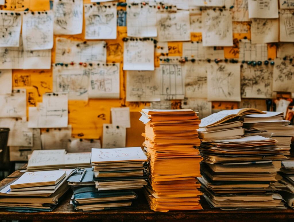 A detailed close-up of a planning board filled with pinned notes, diagrams, and sketches next to neatly arranged stacks of paper and notebooks on a vintage desk, bathed in gentle, natural daylight --chaos 45 --ar 4:3 --v 6.1 Job ID: 3318c802-8b39-4387-acd9-e14e7fbe7fe2