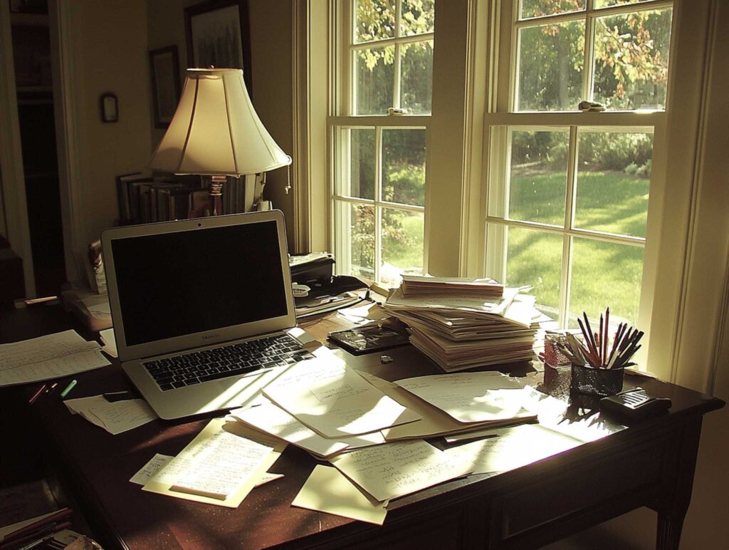 A detailed image of a modern author's desk featuring an open laptop, piles of printed drafts, sticky notes, and a well-used pen on a clean wooden surface, illuminated by natural window light with subtle shadows --chaos 45 --ar 4:3 --v 6.1 Job ID: 8b4b2410-7e4c-4ca1-8089-4edcaeae2cc1