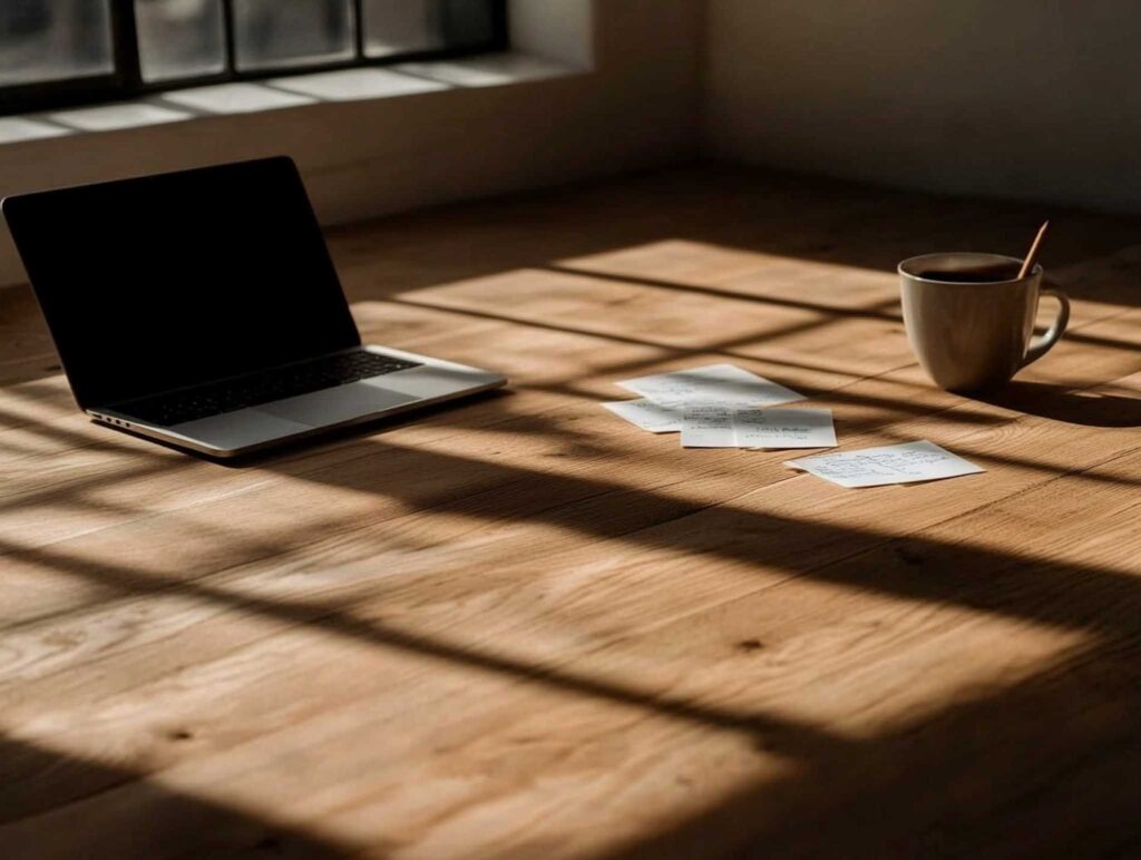 A detailed image of a modern author's desk featuring an open laptop, piles of printed drafts, sticky notes, and a well-used pen on a clean wooden surface, illuminated by natural window light with subtle shadows --chaos 45 --ar 4:3 --v 6.1 Job ID: 8b4b2410-7e4c-4ca1-8089-4edcaeae2cc1
