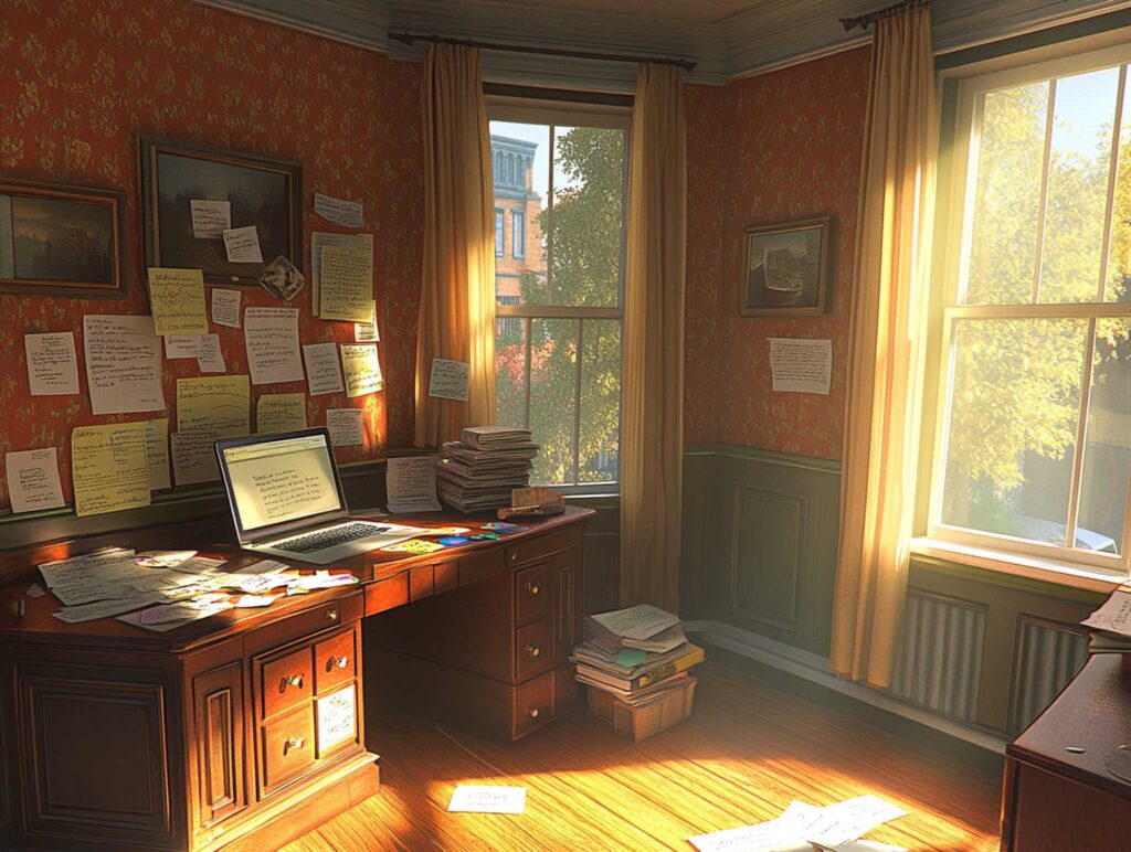 A detailed image of a modern author's desk featuring an open laptop, piles of printed drafts, sticky notes, and a well-used pen on a clean wooden surface, illuminated by natural window light with subtle shadows --chaos 45 --ar 4:3 --v 6.1 Job ID: 8b4b2410-7e4c-4ca1-8089-4edcaeae2cc1