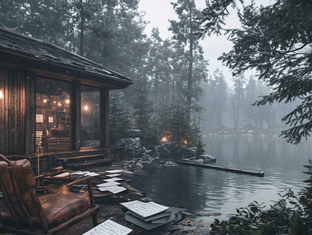 A detailed, realistic scene of a writer's desk set in a cabin study by a calm lake. The workspace includes scattered handwritten manuscripts, a well-worn leather chair, and soft ambient lighting that highlights the natural textures of wood and nature-inspired decor. --chaos 45 --ar 4:3 --v 6.1 Job ID: 7b513499-1229-4f0c-a9b5-158ae6ae0a0a